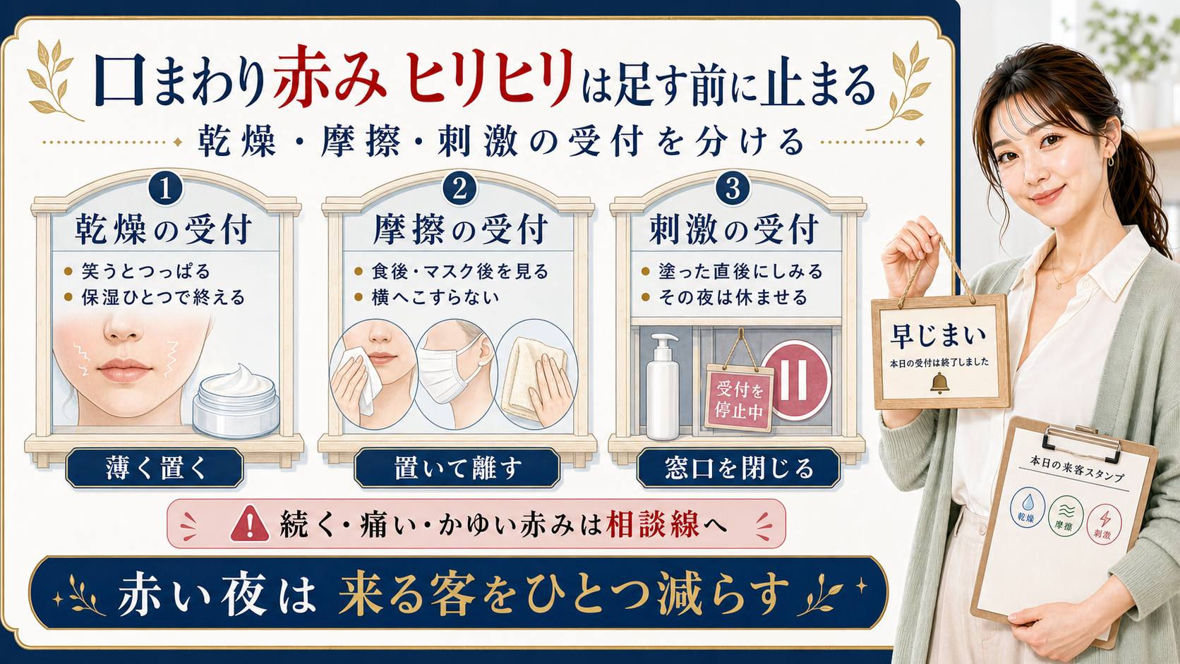 口まわりの赤みとヒリヒリを乾燥、摩擦、刺激の受付で分けるアイキャッチ