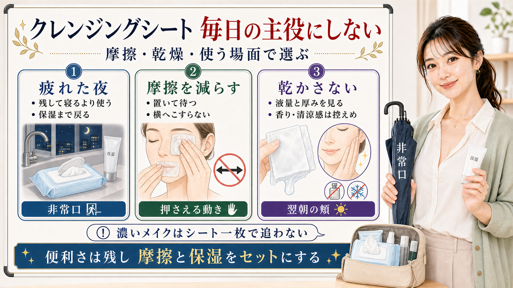 クレンジングシートを疲れた夜、摩擦を減らす、乾かさないで選ぶアイキャッチ