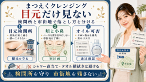 まつえく中のクレンジングを目元検問所、頬と小鼻、オイル可否で分けるアイキャッチ