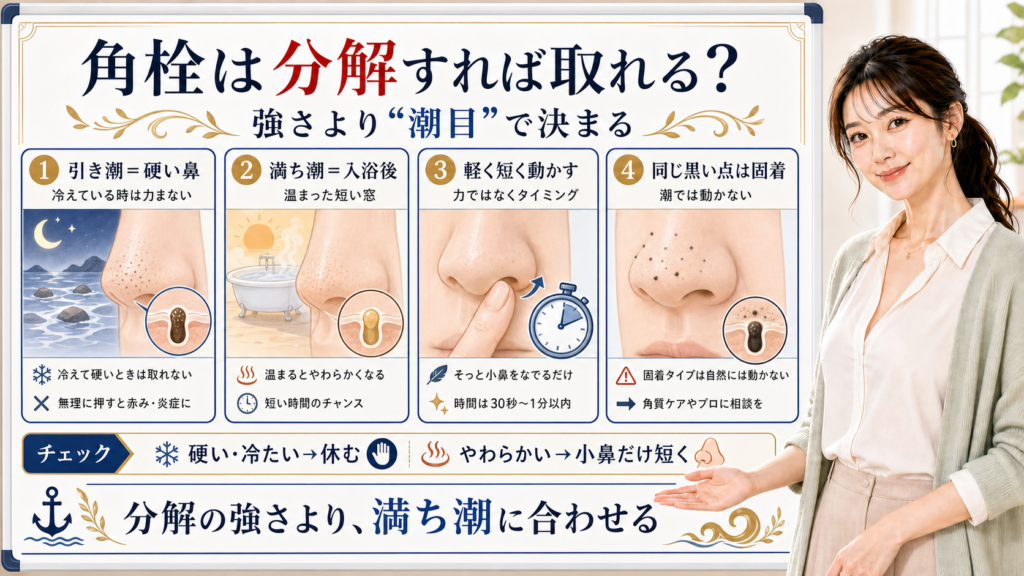 角栓は分解の強さより冷えて硬い引き潮と入浴後に温まる満ち潮のタイミングで動かすと整理したアイキャッチ