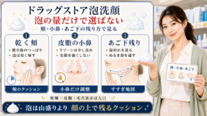 ドラッグストア泡洗顔を乾く頬、皮脂の小鼻、あご下残りで選ぶアイキャッチ