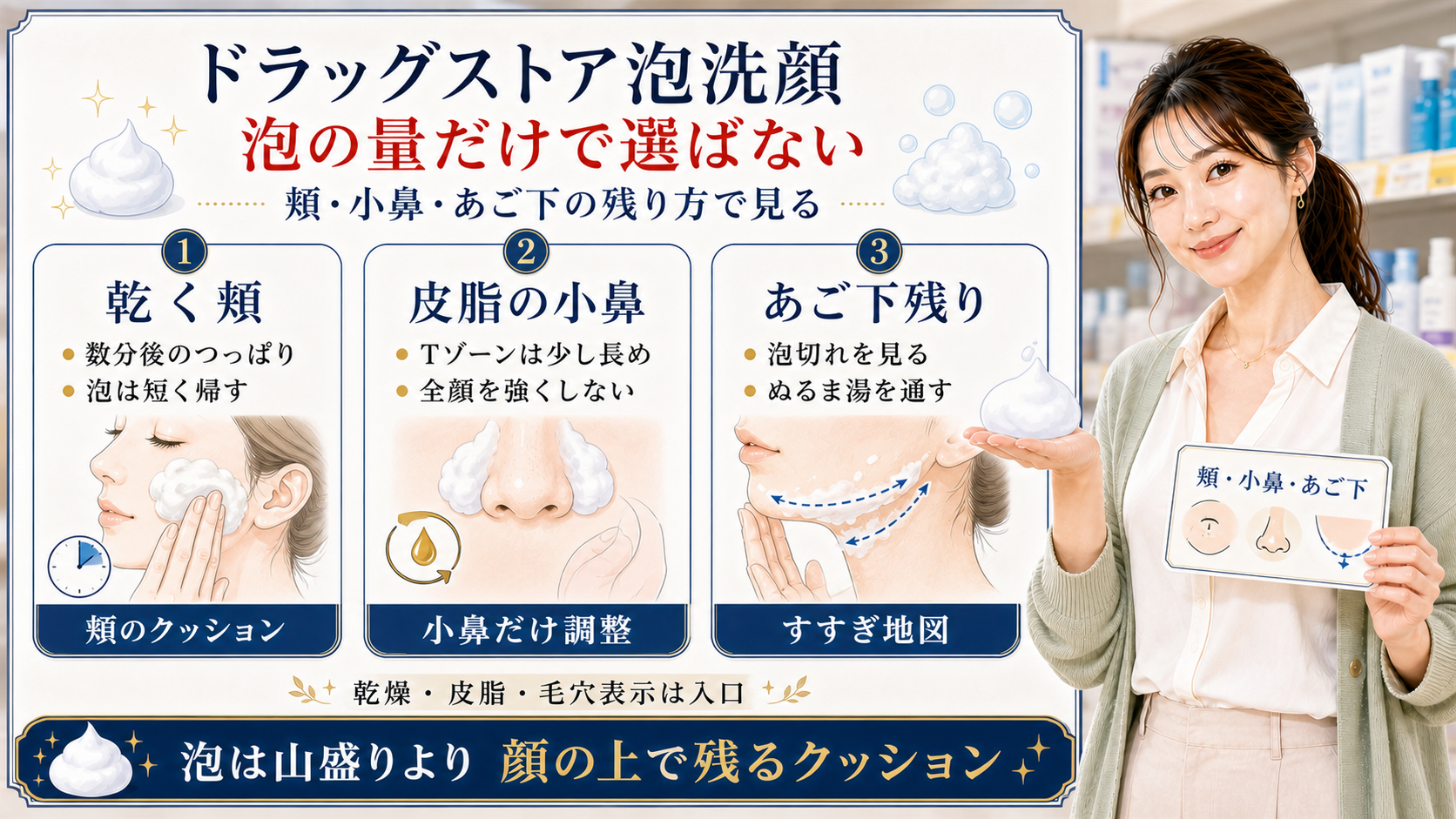 ドラッグストア泡洗顔を乾く頬、皮脂の小鼻、あご下残りで選ぶアイキャッチ