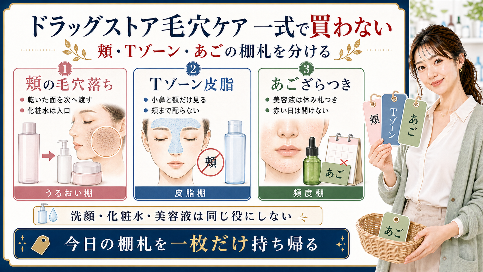ドラッグストア毛穴ケアを頬の毛穴落ち、Tゾーン皮脂、あござらつきで分けるアイキャッチ