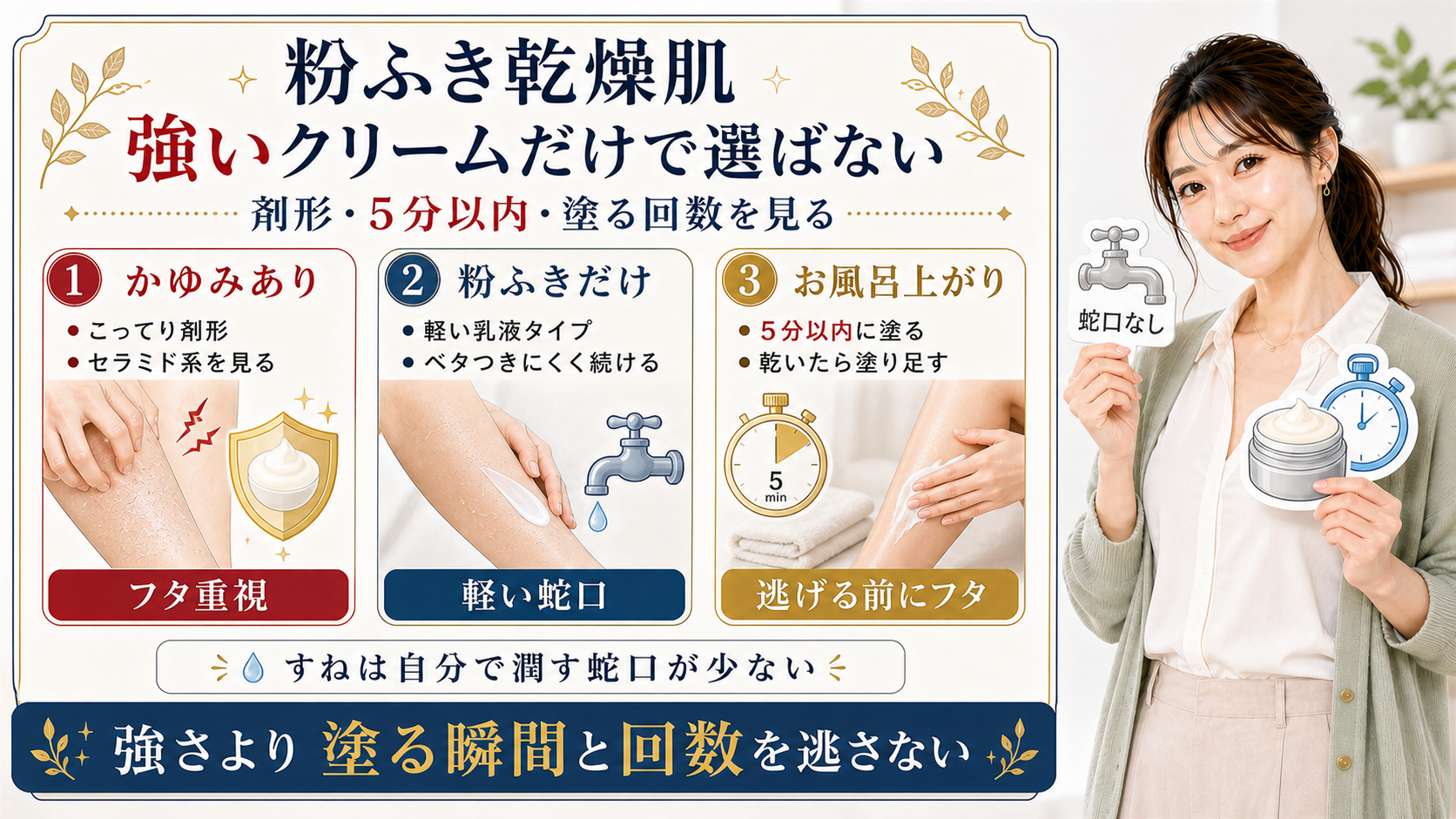粉ふき乾燥肌の全身クリームをかゆみあり、粉ふきだけ、お風呂上がりで選ぶアイキャッチ