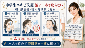 中学生のニキビ洗顔を朝の皮脂、部活後の汗、夜の残りで分けるアイキャッチ