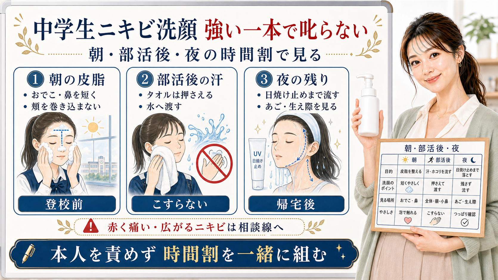 中学生のニキビ洗顔を朝の皮脂、部活後の汗、夜の残りで分けるアイキャッチ