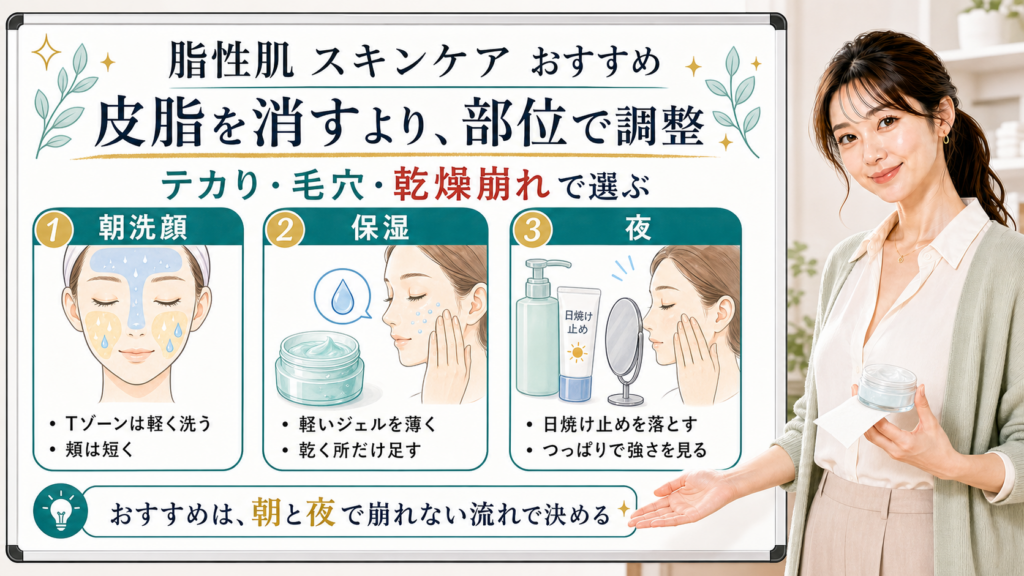 脂性肌のスキンケアおすすめを朝洗顔、保湿、夜の落とし方で整理した美容解説ボード