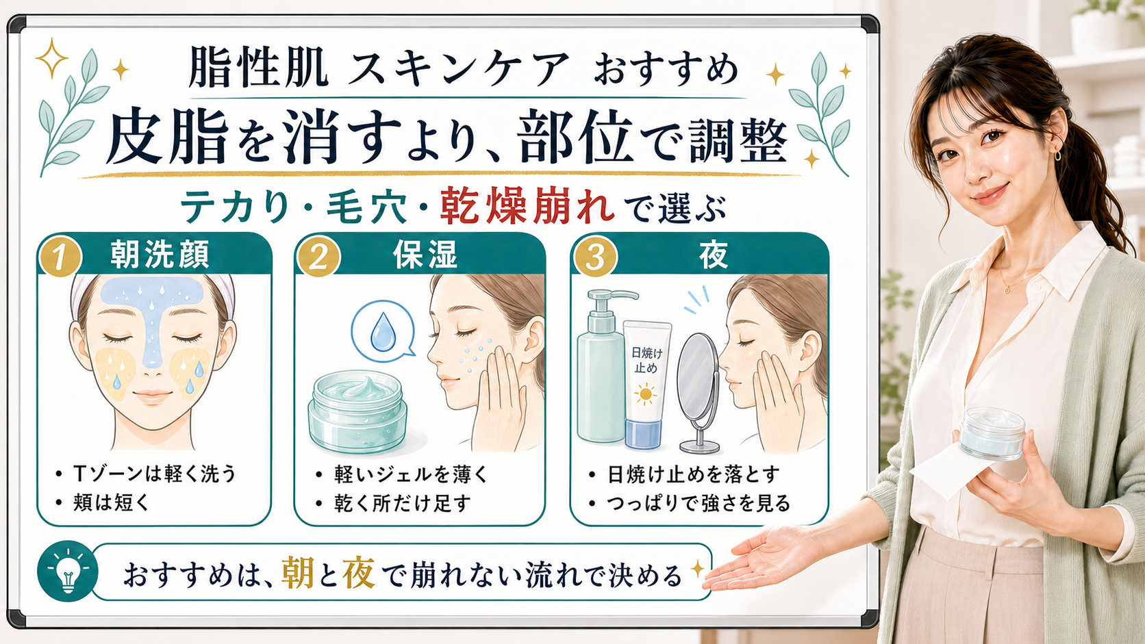 脂性肌のスキンケアおすすめを朝洗顔、保湿、夜の落とし方で整理した美容解説ボード