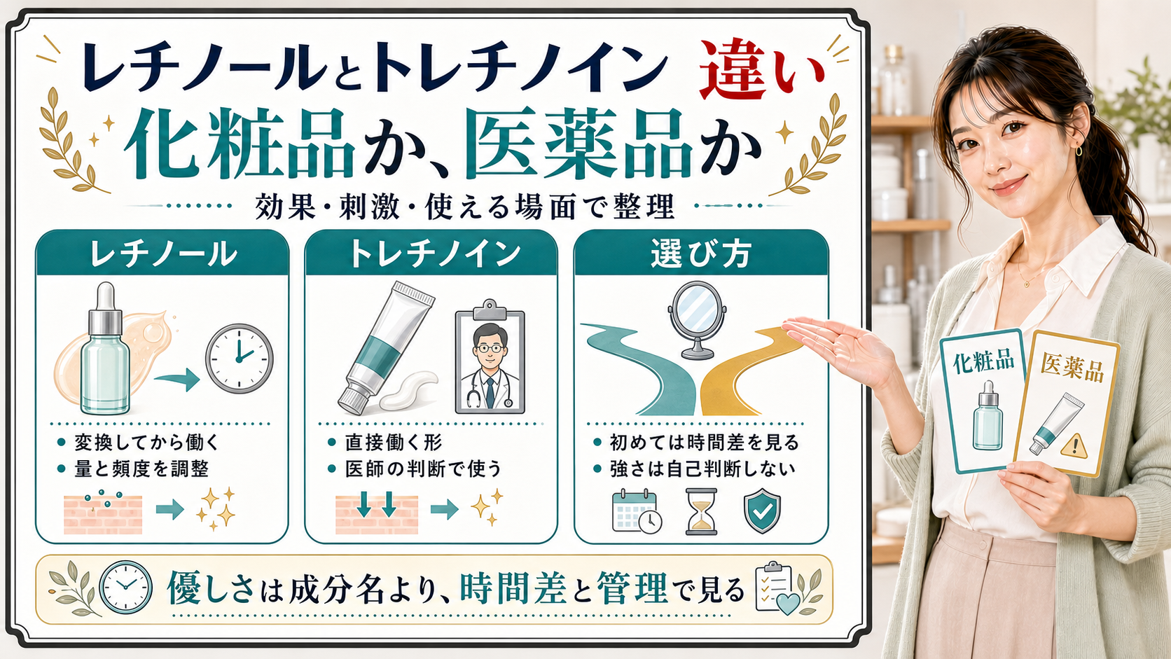 レチノールとトレチノインの違いを化粧品か医薬品か、効果や刺激と使える場面で整理した美容解説ボード