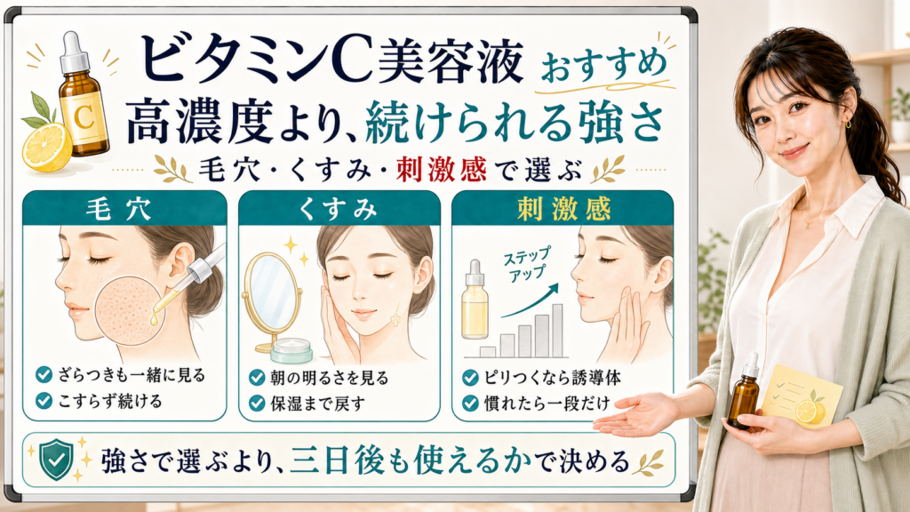 ビタミンC美容液のおすすめ選びを毛穴、くすみ、刺激感で整理した美容解説ボード