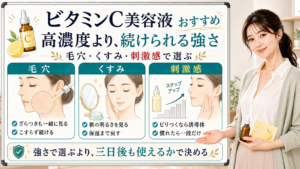 ビタミンC美容液のおすすめ選びを毛穴、くすみ、刺激感で整理した美容解説ボード