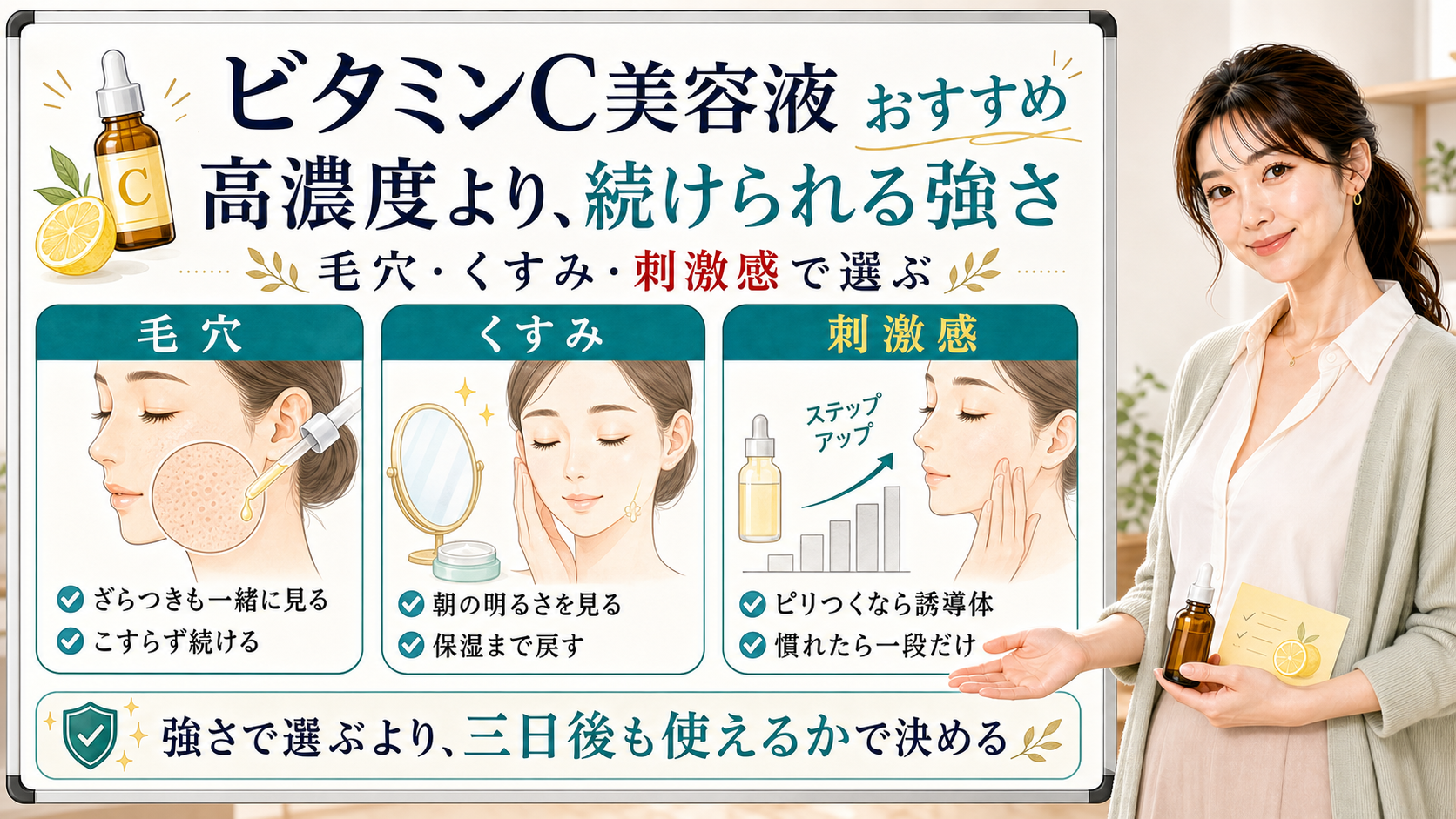 ビタミンC美容液のおすすめ選びを毛穴、くすみ、刺激感で整理した美容解説ボード