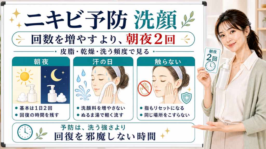 ニキビ予防の洗顔を朝夜2回、汗の日、触らない習慣で整理した美容解説ボード