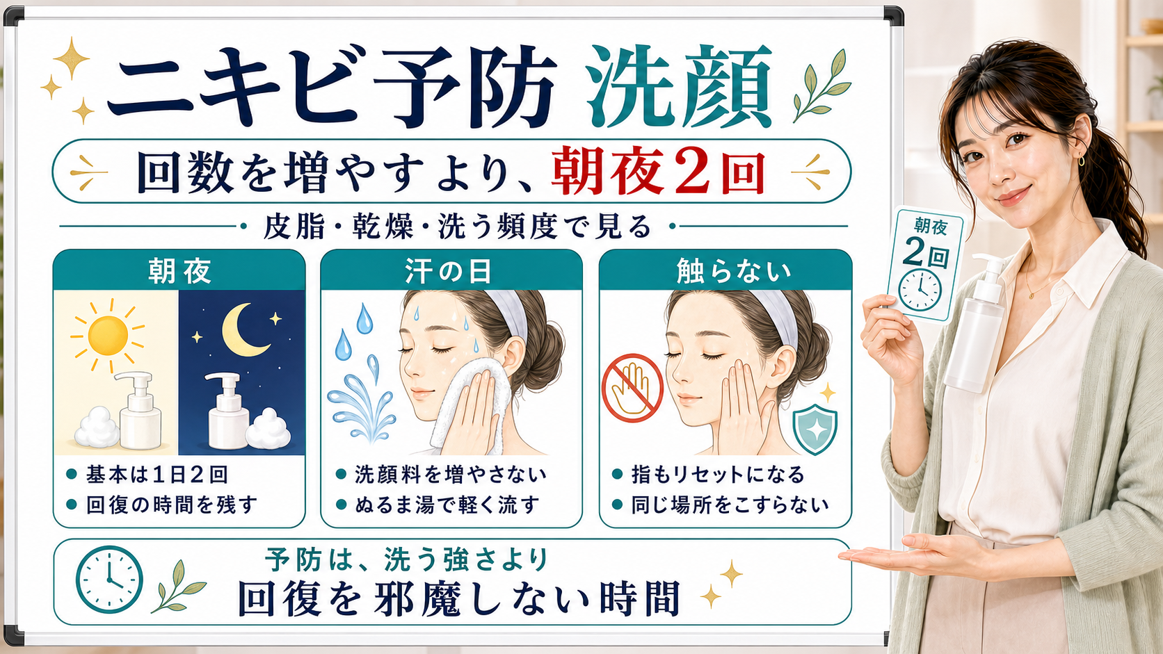 ニキビ予防の洗顔を朝夜2回、汗の日、触らない習慣で整理した美容解説ボード