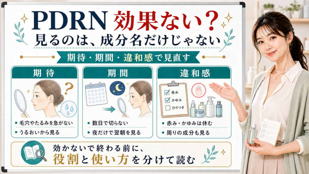PDRNが効果ないと感じる時に期待、期間、違和感で見直すポイントを整理した美容解説ボード