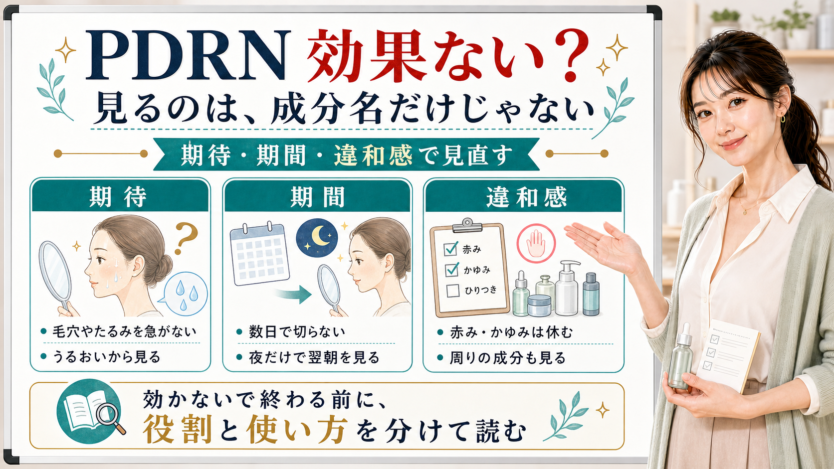PDRNが効果ないと感じる時に期待、期間、違和感で見直すポイントを整理した美容解説ボード