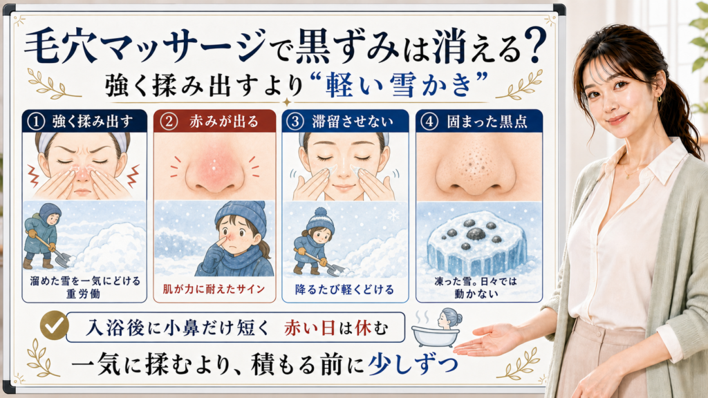 毛穴マッサージは黒ずみを強く揉み出すより入浴後に小鼻だけ短く動かして皮脂を滞留させない雪かきとして整理したアイキャッチ