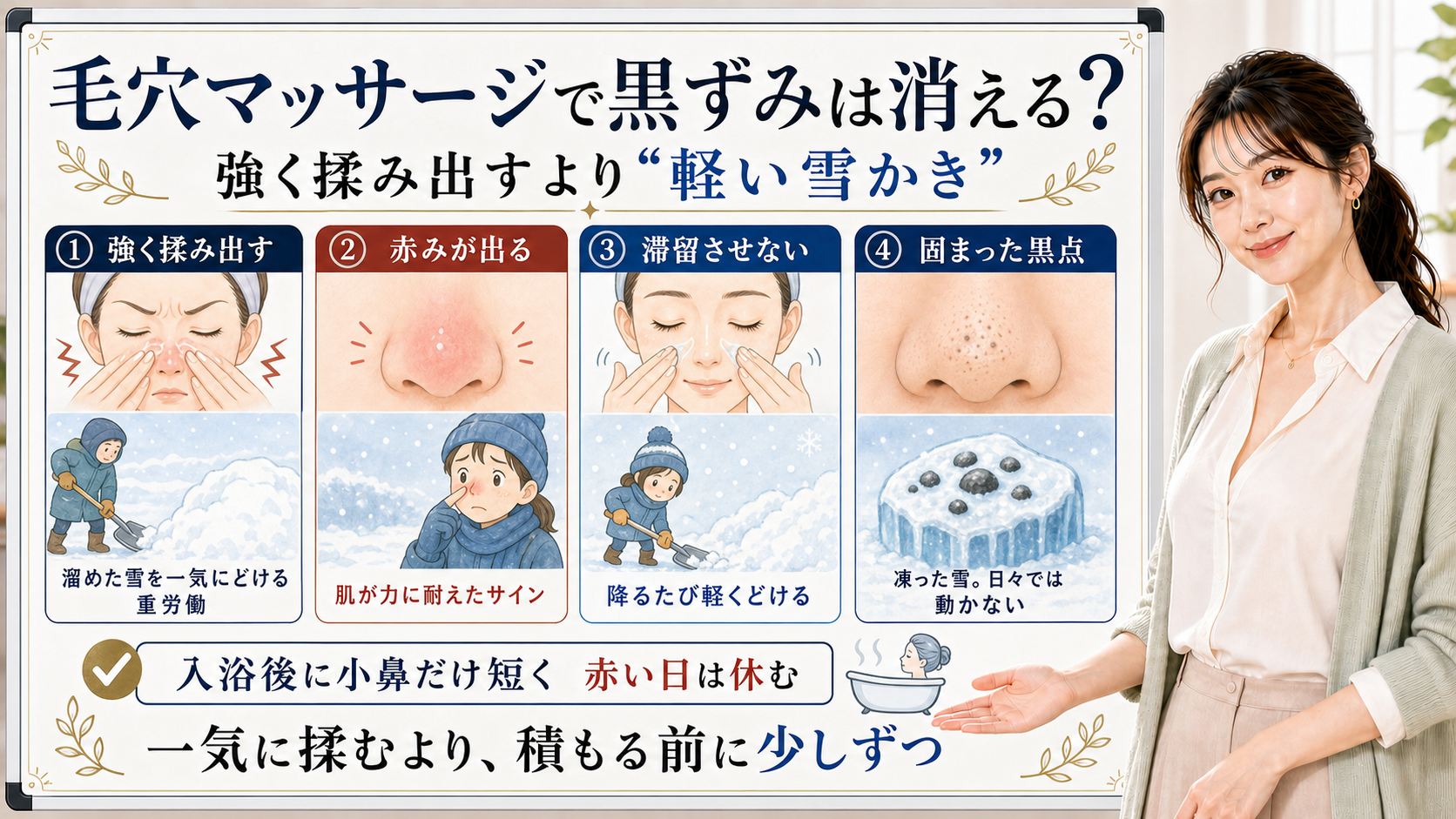 毛穴マッサージは黒ずみを強く揉み出すより入浴後に小鼻だけ短く動かして皮脂を滞留させない雪かきとして整理したアイキャッチ