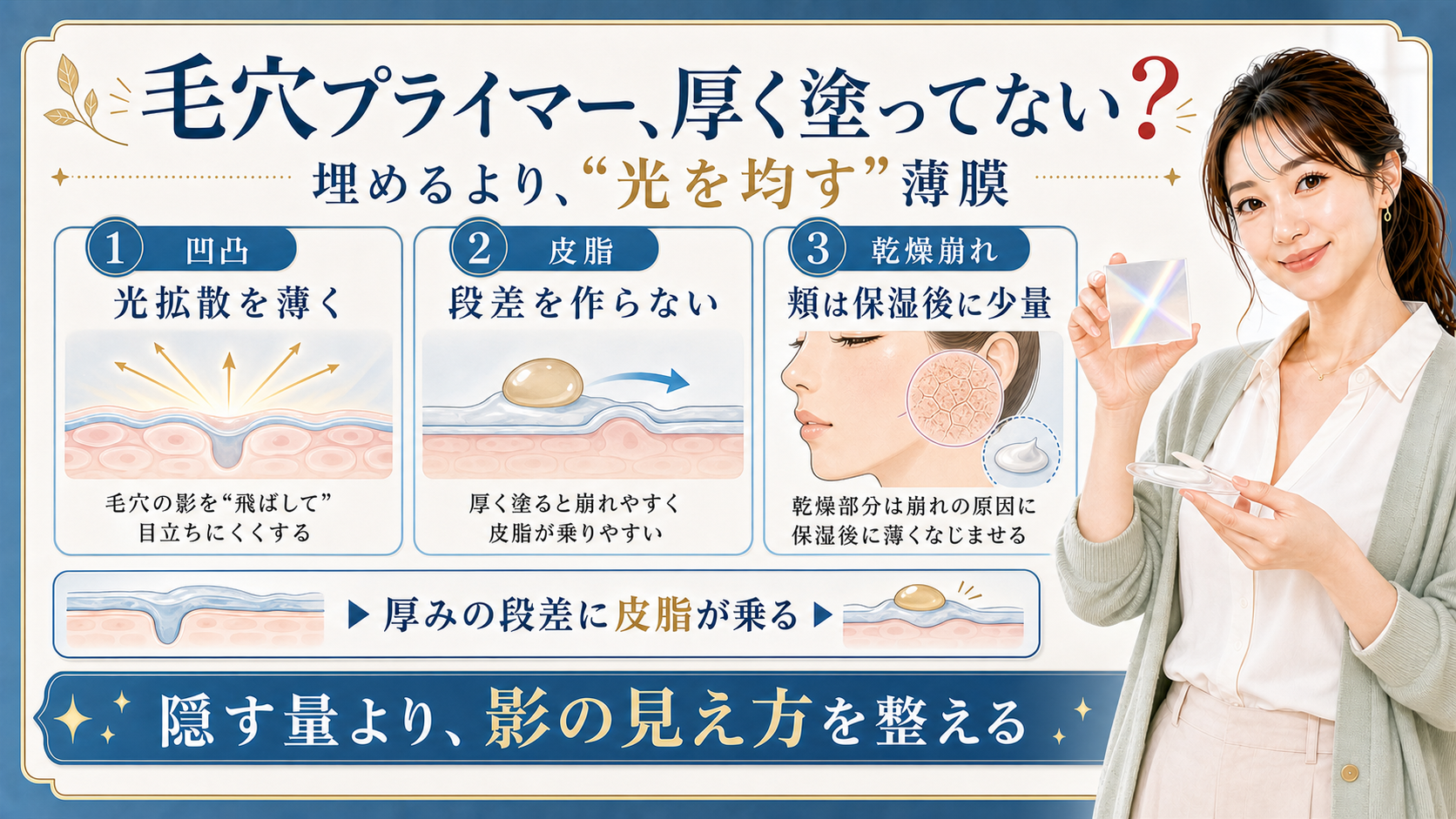毛穴プライマー厚く塗ってない 埋めるより光を均す薄膜