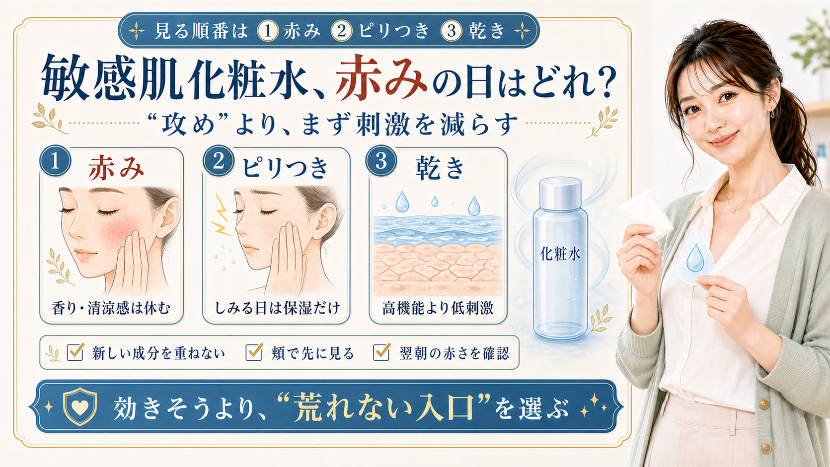 敏感肌化粧水 赤みの日はどれ 攻めよりまず刺激を減らす