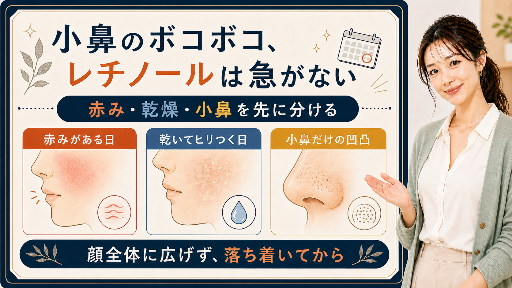 小鼻のボコボコにレチノールを使う前に、赤み・乾燥・小鼻の状態を整理する女性アドバイザーの図解