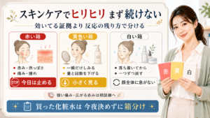 スキンケアでヒリヒリした時に赤い箱、黄色い箱、白い箱で止める・減らす・戻すを分けるアイキャッチ
