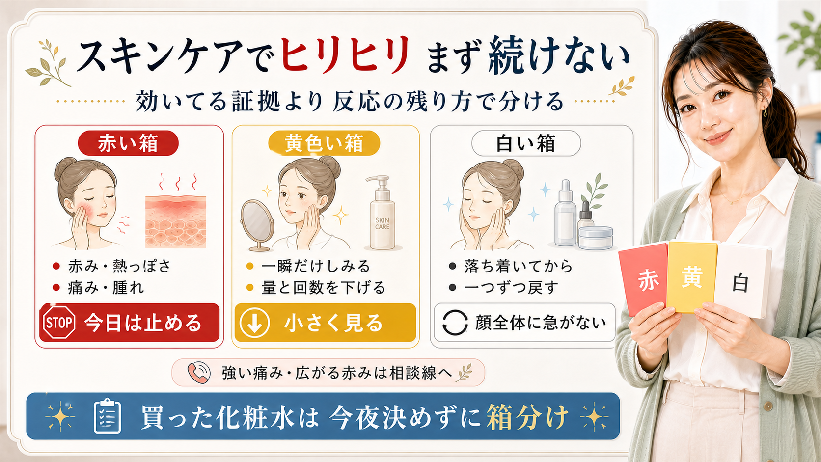 スキンケアでヒリヒリした時に赤い箱、黄色い箱、白い箱で止める・減らす・戻すを分けるアイキャッチ