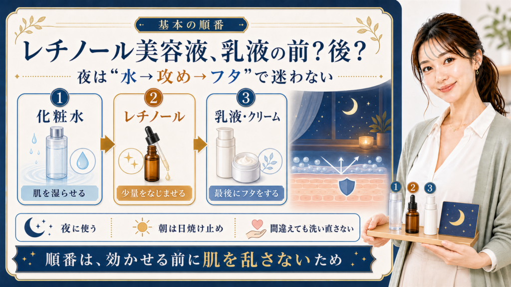 レチノール美容液 乳液の前か後か 夜は水攻めフタで迷わない
