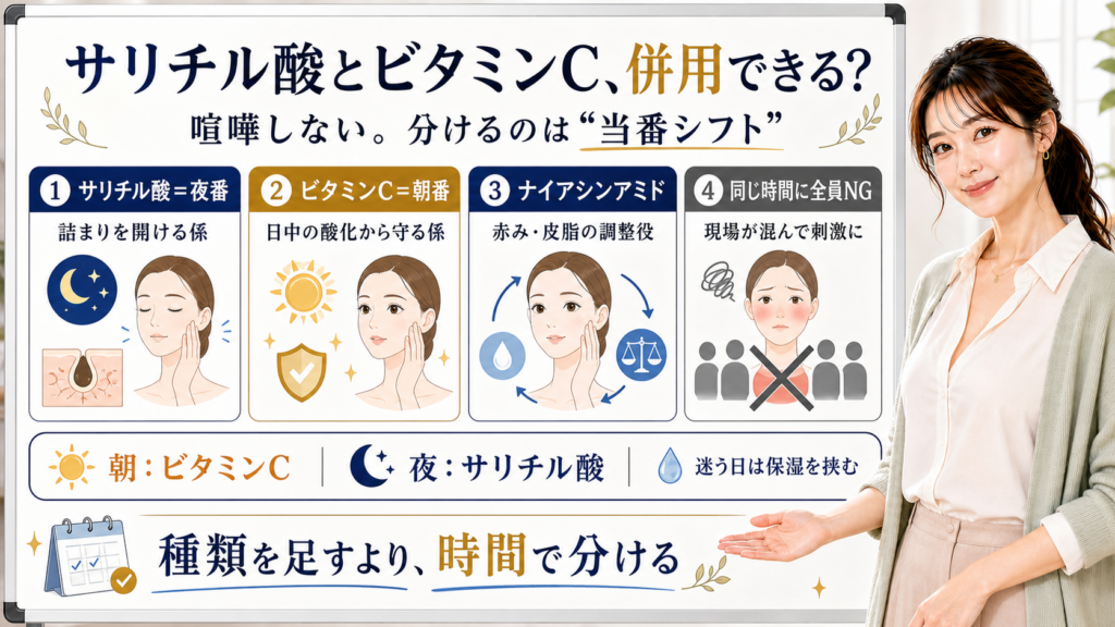 サリチル酸とビタミンCは併用できるがサリチル酸は夜番ビタミンCは朝番ナイアシンアミドは調整役として時間で分けると整理したアイキャッチ