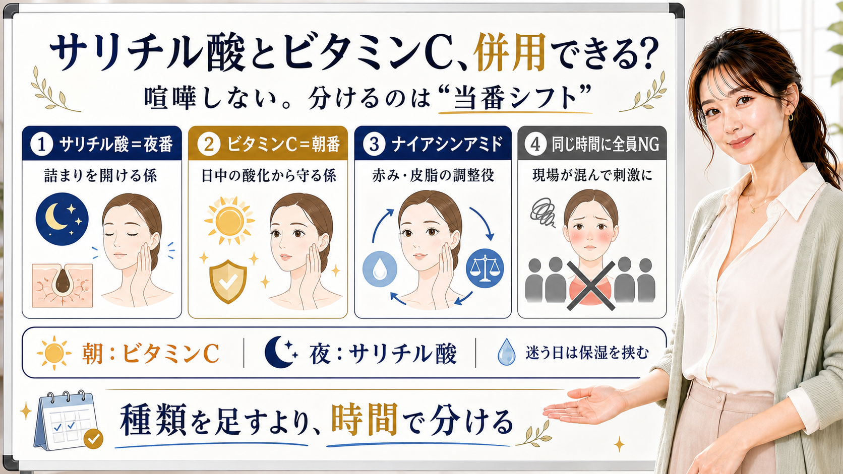 サリチル酸とビタミンCは併用できるがサリチル酸は夜番ビタミンCは朝番ナイアシンアミドは調整役として時間で分けると整理したアイキャッチ