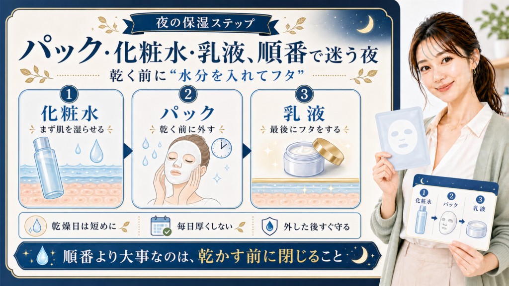 パック化粧水乳液 順番で迷う夜 乾く前に水分を入れてフタ