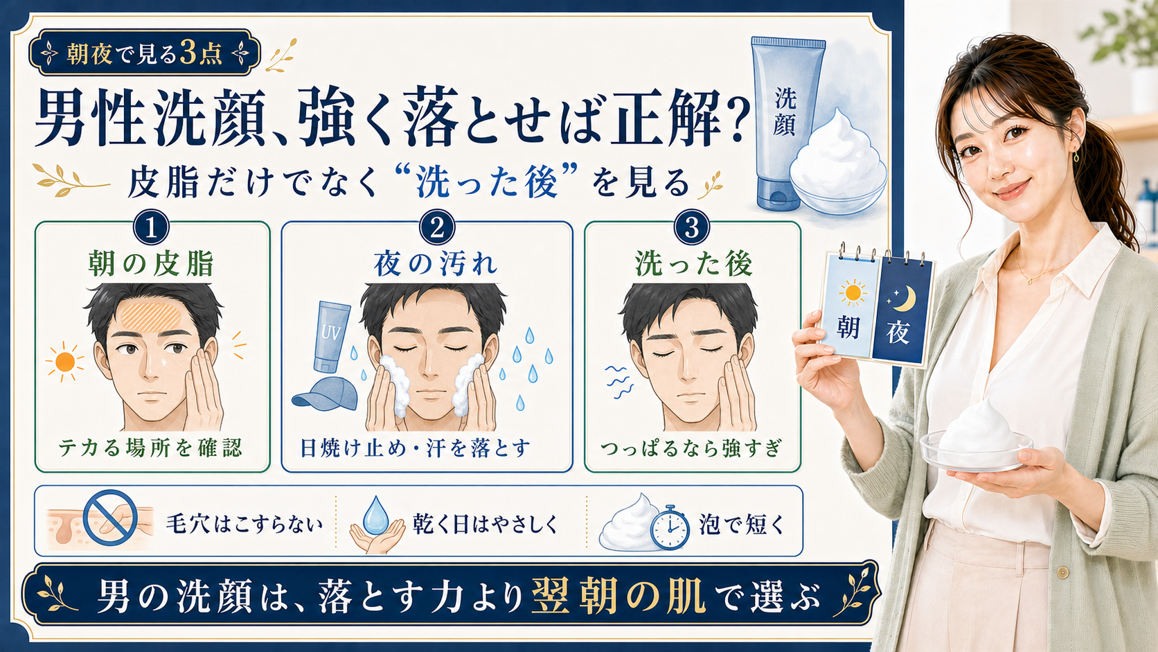 男性洗顔 強く落とせば正解 皮脂だけでなく洗った後を見る