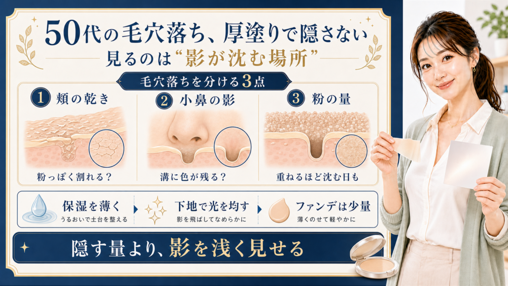 50代の毛穴落ち 厚塗りで隠さない 見るのは影が沈む場所