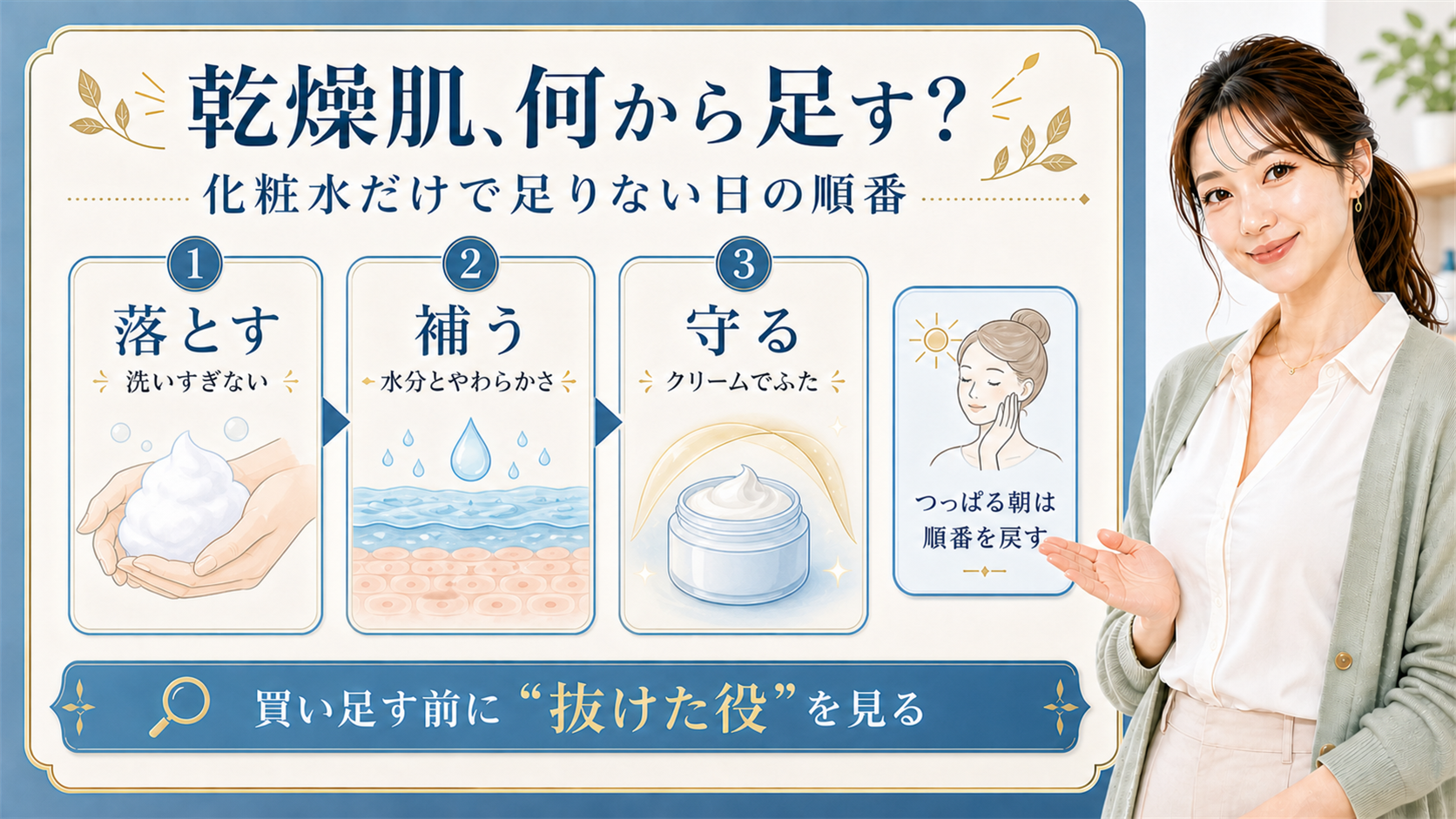乾燥肌のスキンケアを、落とす・補う・守るの順番で整理する女性アドバイザーの図解