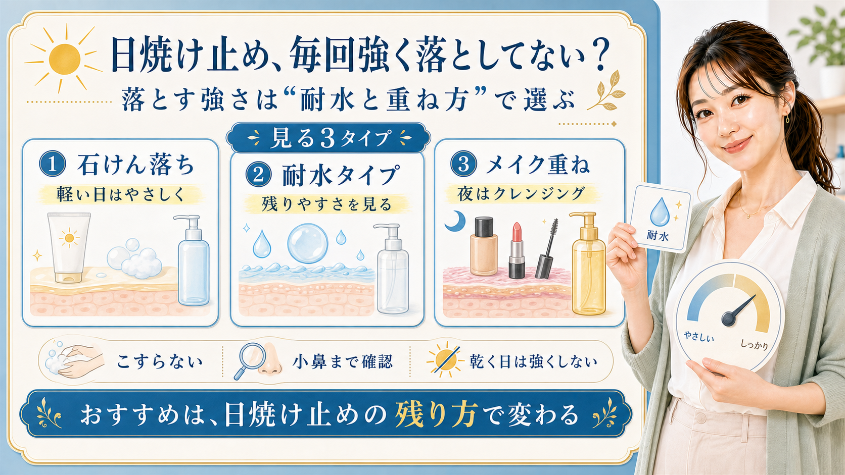 日焼け止め 毎回強く落としてない 落とす強さは耐水と重ね方で選ぶ