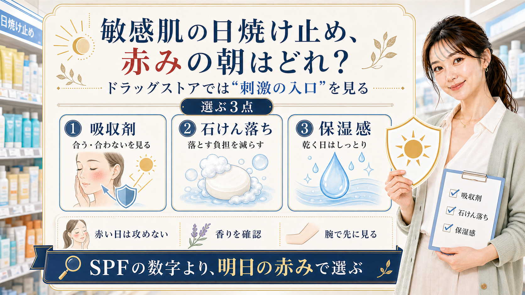敏感肌の日焼け止め 赤みの朝はどれ ドラッグストアでは刺激の入口を見る