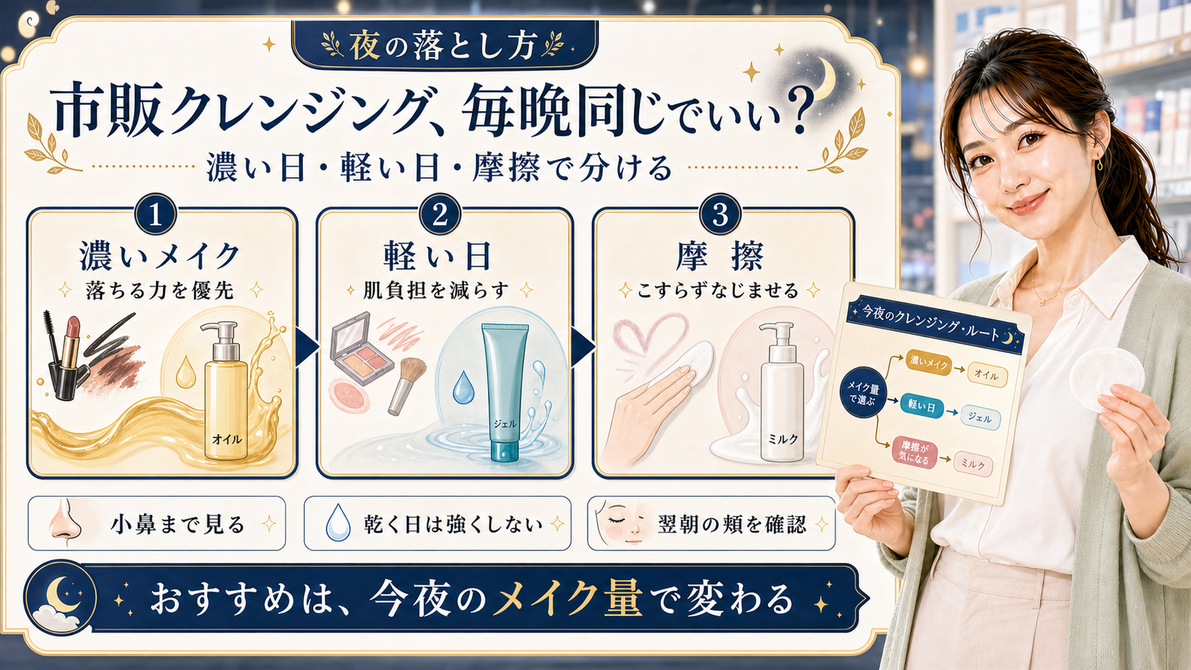市販クレンジング 毎晩同じでいい 濃い日軽い日摩擦で分ける