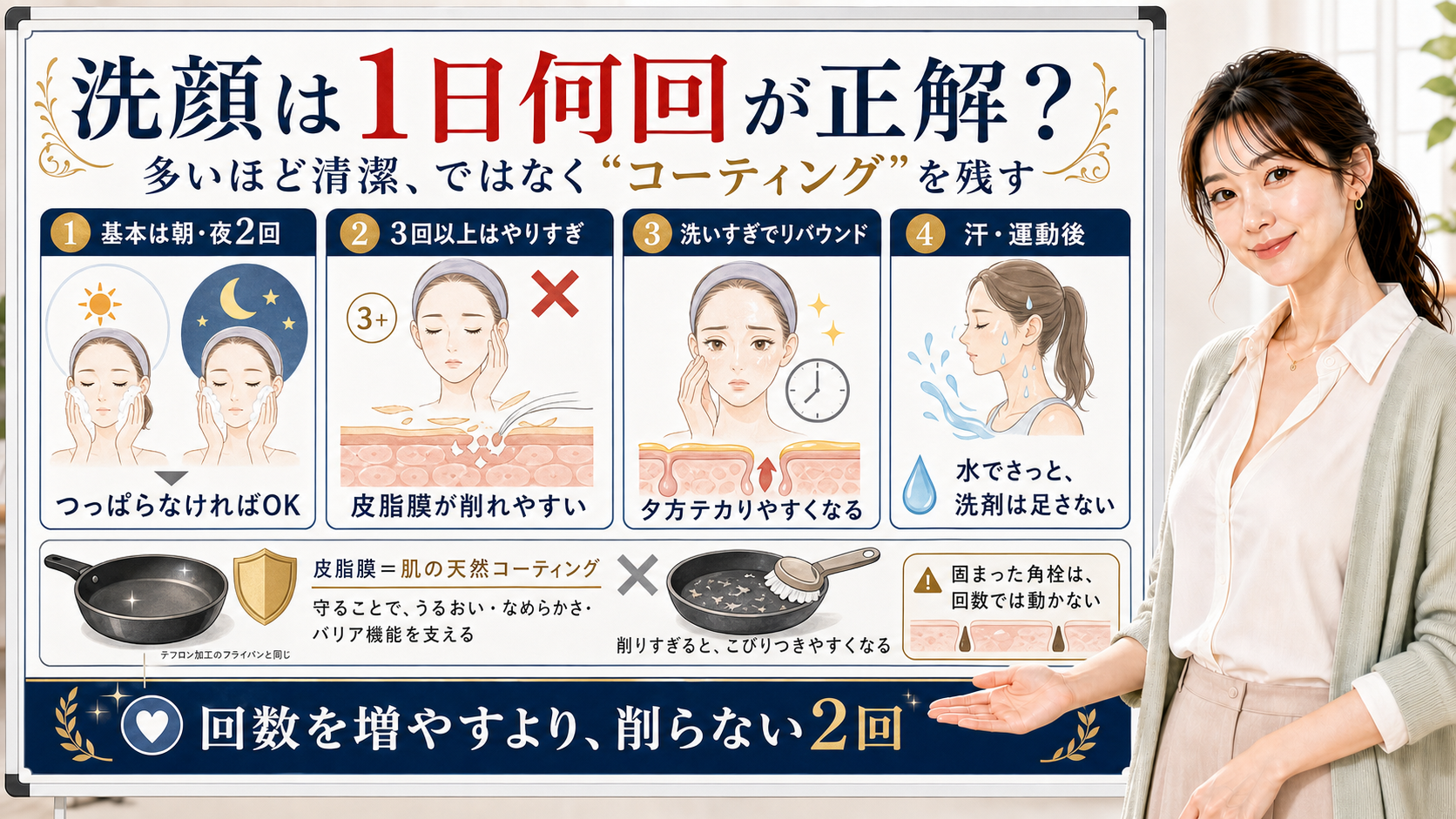 洗顔は多いほど清潔ではなく朝夜2回で皮脂膜のコーティングを残し3回以上の洗いすぎを避けると整理したアイキャッチ