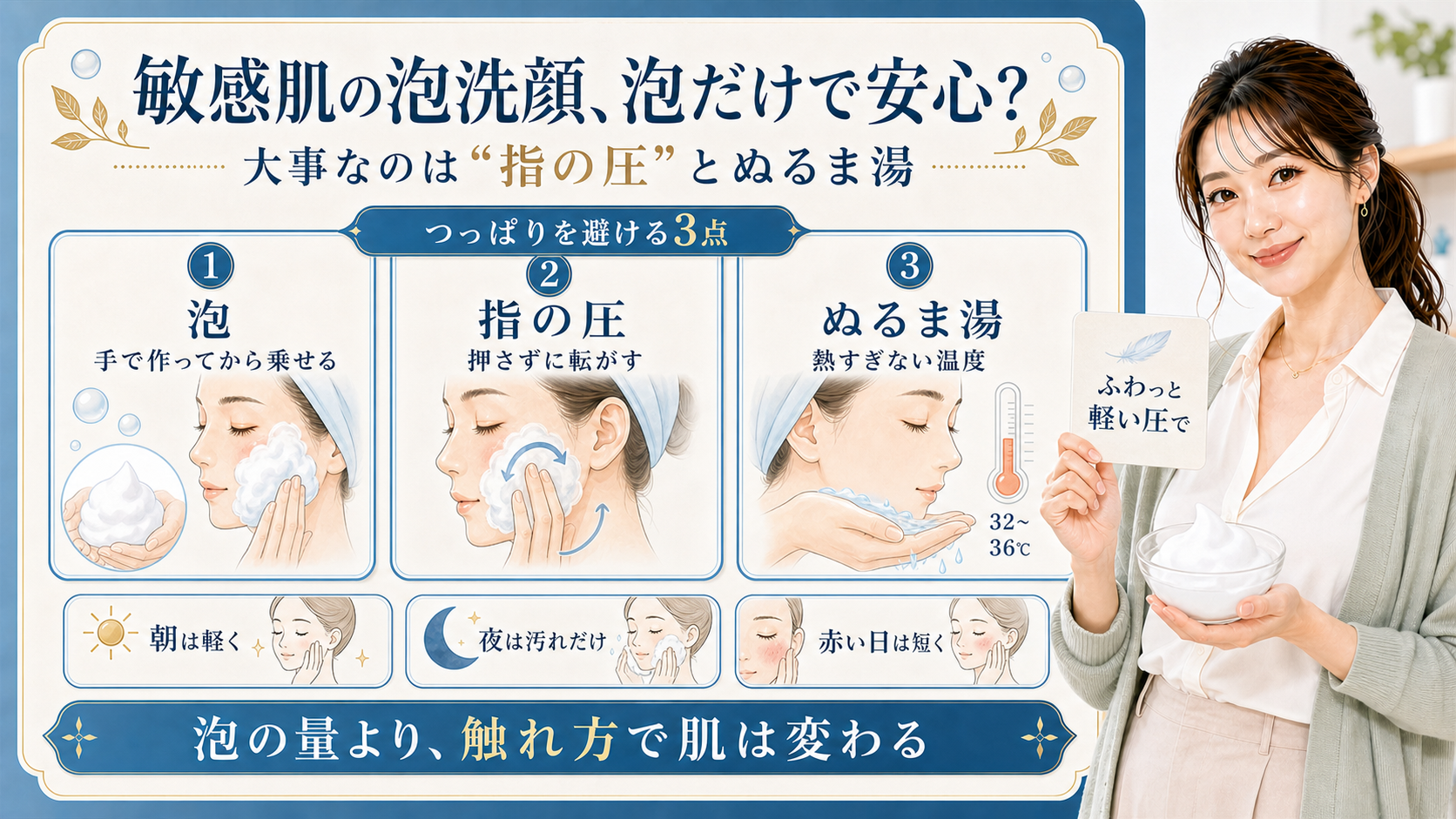 敏感肌の泡洗顔 泡だけで安心 大事なのは指の圧とぬるま湯