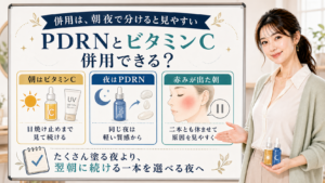PDRNとビタミンCの併用を朝ビタミンC・夜PDRN・赤みが出た朝で説明する美容解説ボード