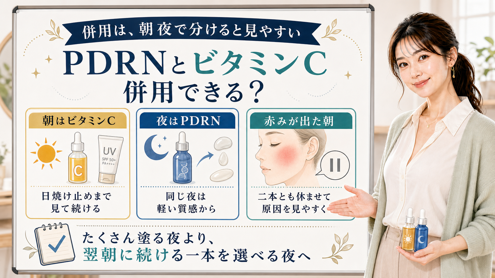 PDRNとビタミンCの併用を朝ビタミンC・夜PDRN・赤みが出た朝で説明する美容解説ボード