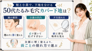50代たるみ毛穴カバー下地を頬の縦影・小鼻の凹凸・夕方崩れで説明する美容解説ボード