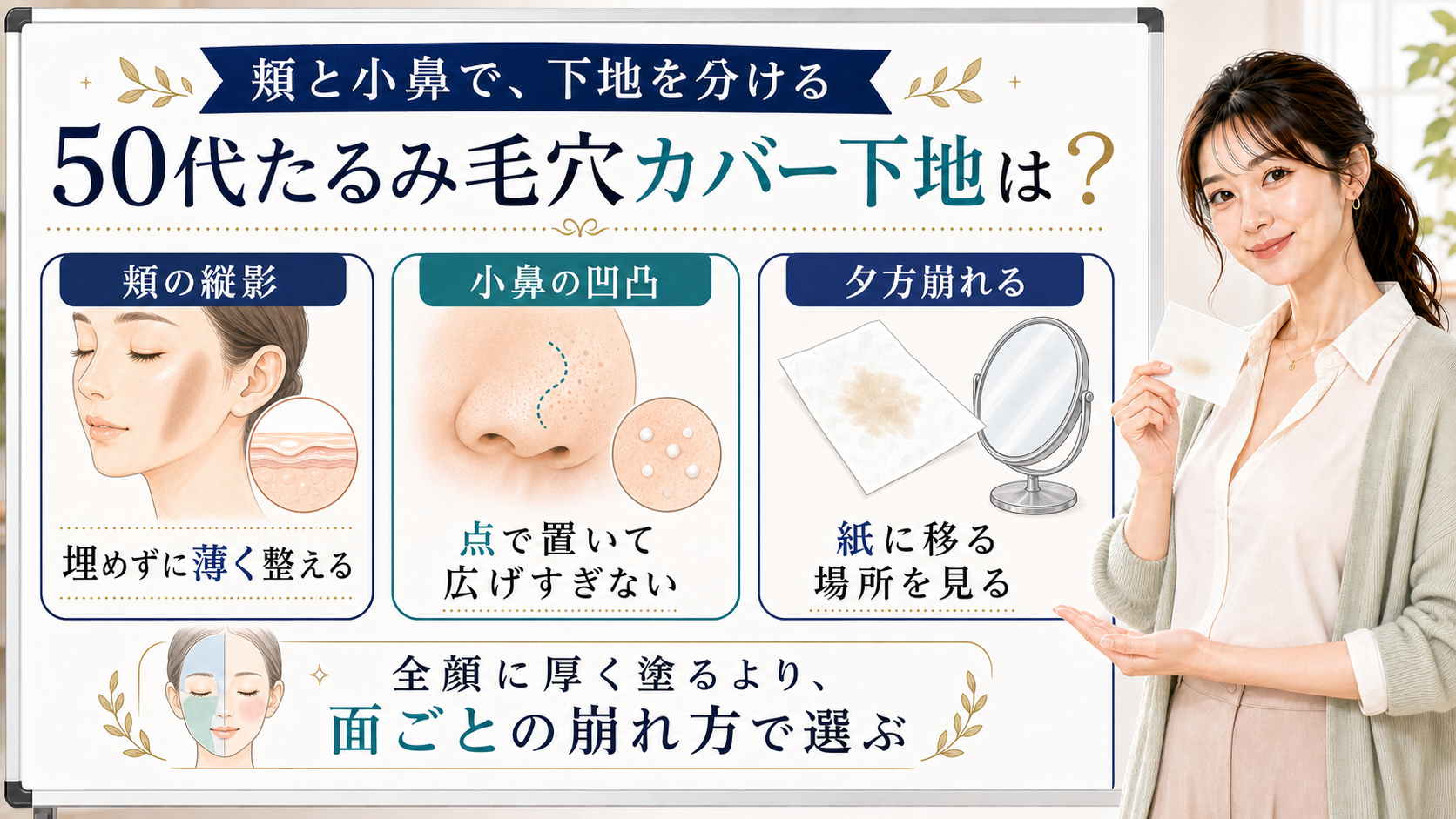 50代たるみ毛穴カバー下地を頬の縦影・小鼻の凹凸・夕方崩れで説明する美容解説ボード