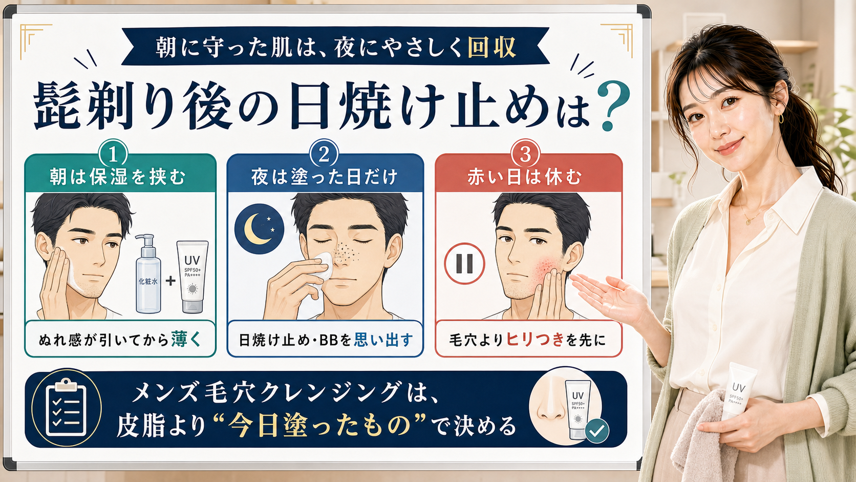 髭剃り後の日焼け止めとメンズ毛穴クレンジングの判断を説明する美容解説ボード