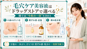 ドラッグストアの毛穴ケア美容液をざらつき・黒ずみ感・頬の乾き影で説明する美容解説ボード