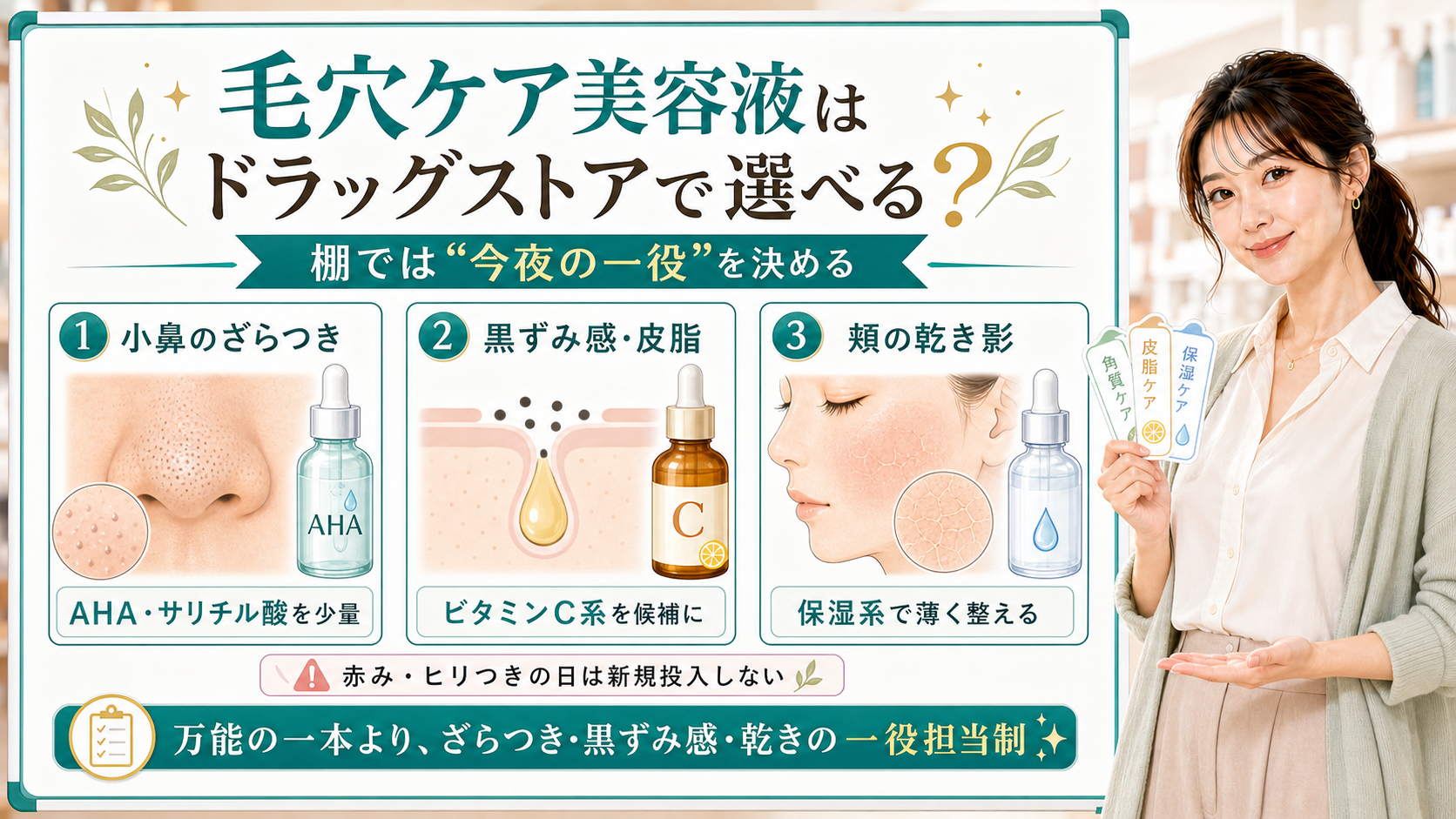 ドラッグストアの毛穴ケア美容液をざらつき・黒ずみ感・頬の乾き影で説明する美容解説ボード