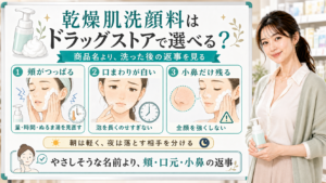 乾燥肌の洗顔料をドラッグストアで選ぶ時の頬・口元・小鼻の見方を説明する美容解説ボード