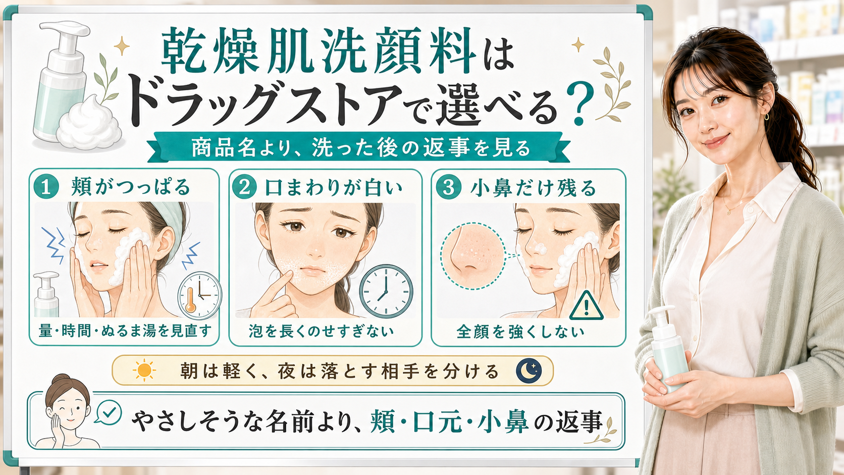 乾燥肌の洗顔料をドラッグストアで選ぶ時の頬・口元・小鼻の見方を説明する美容解説ボード
