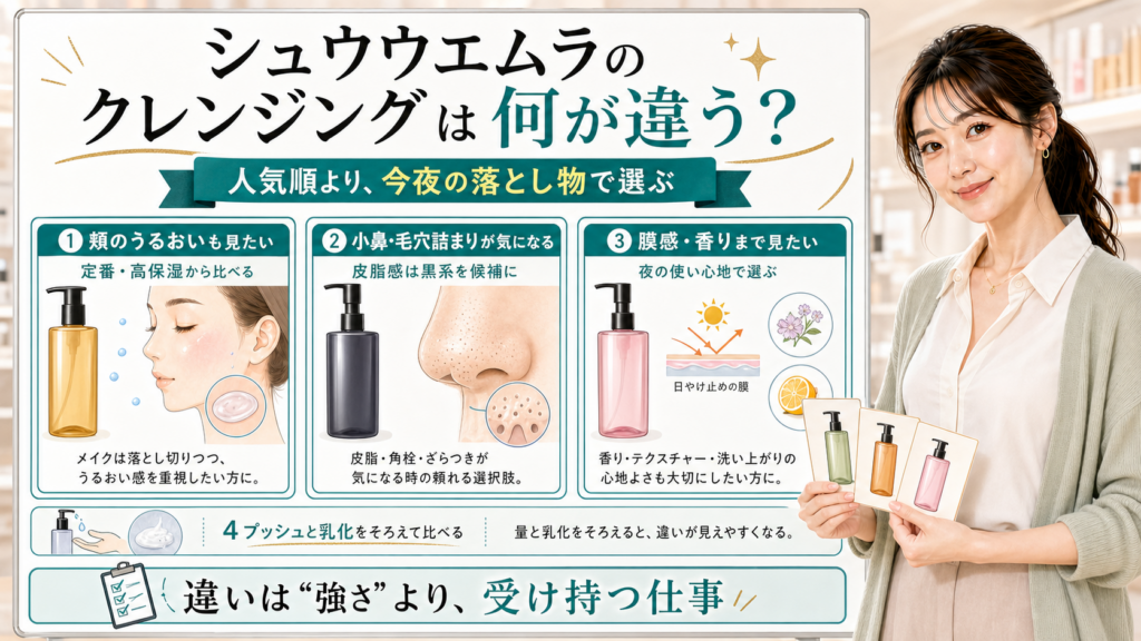 シュウウエムラのクレンジングの違いをうるおい・毛穴詰まり・膜感や香りで説明する美容解説ボード
