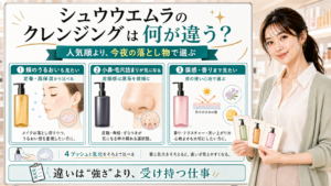 シュウウエムラのクレンジングの違いをうるおい・毛穴詰まり・膜感や香りで説明する美容解説ボード
